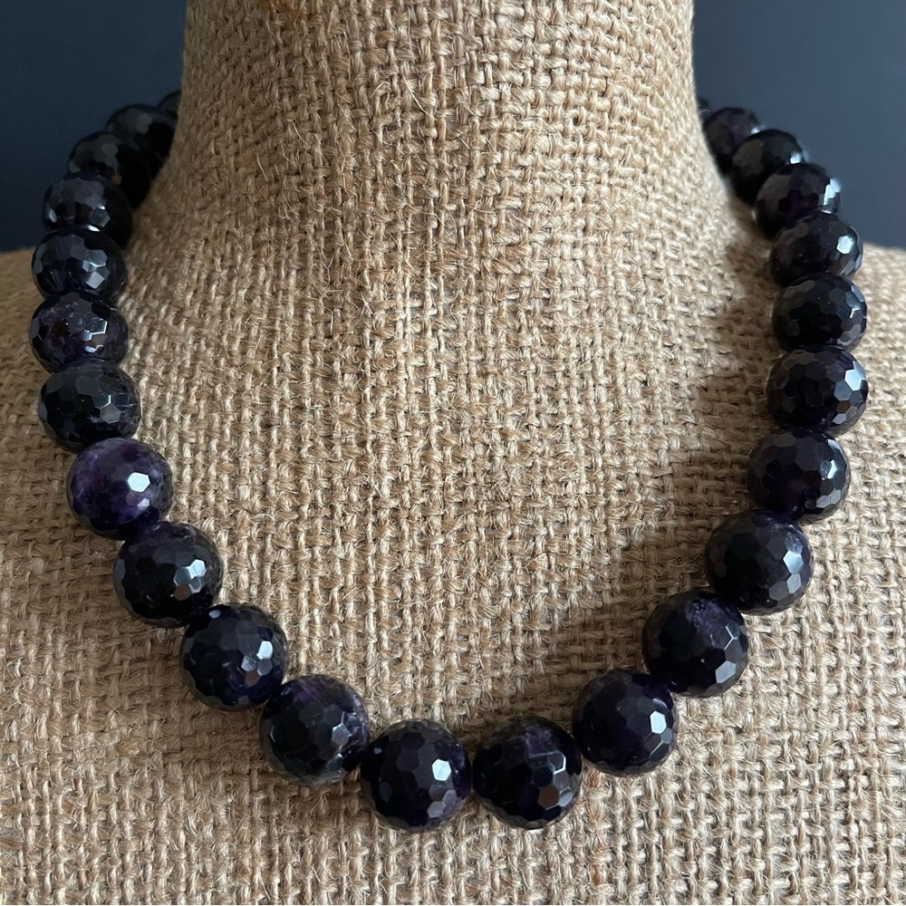 14mm 925 sterling silver Genuine dark faceted amethyst Beaded Necklace.